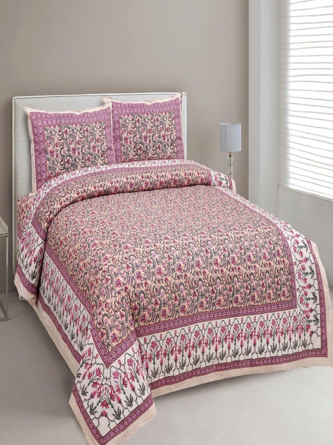

Myntra Elegant Homes Pink Printed Pure Cotton 180 TC King Bedsheet Set 2.74 m x 2.54 m, Beige