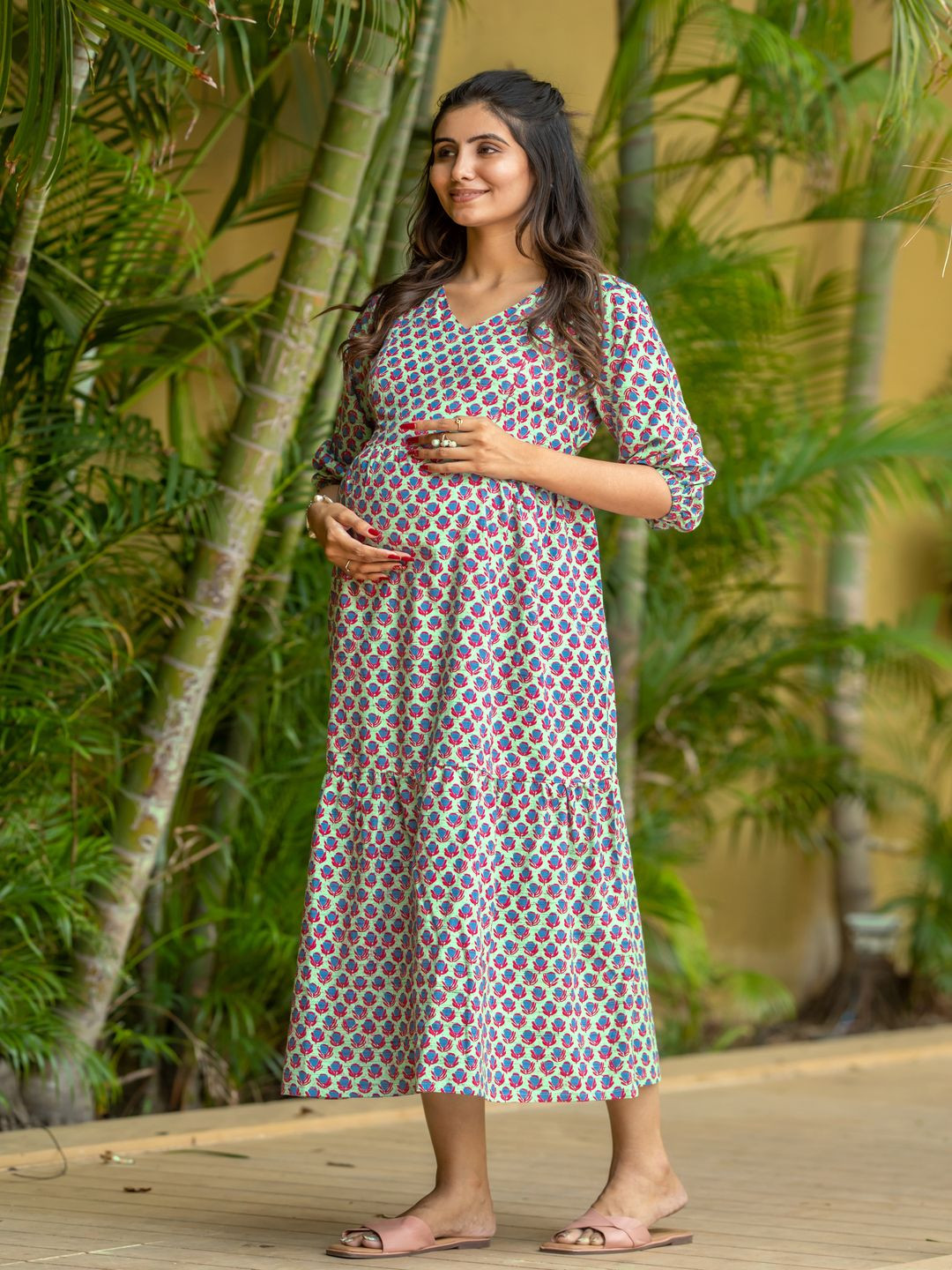 

SWEET MOON Floral Printed V-Neck Fit and Flare Maternity Midi Dress, Green