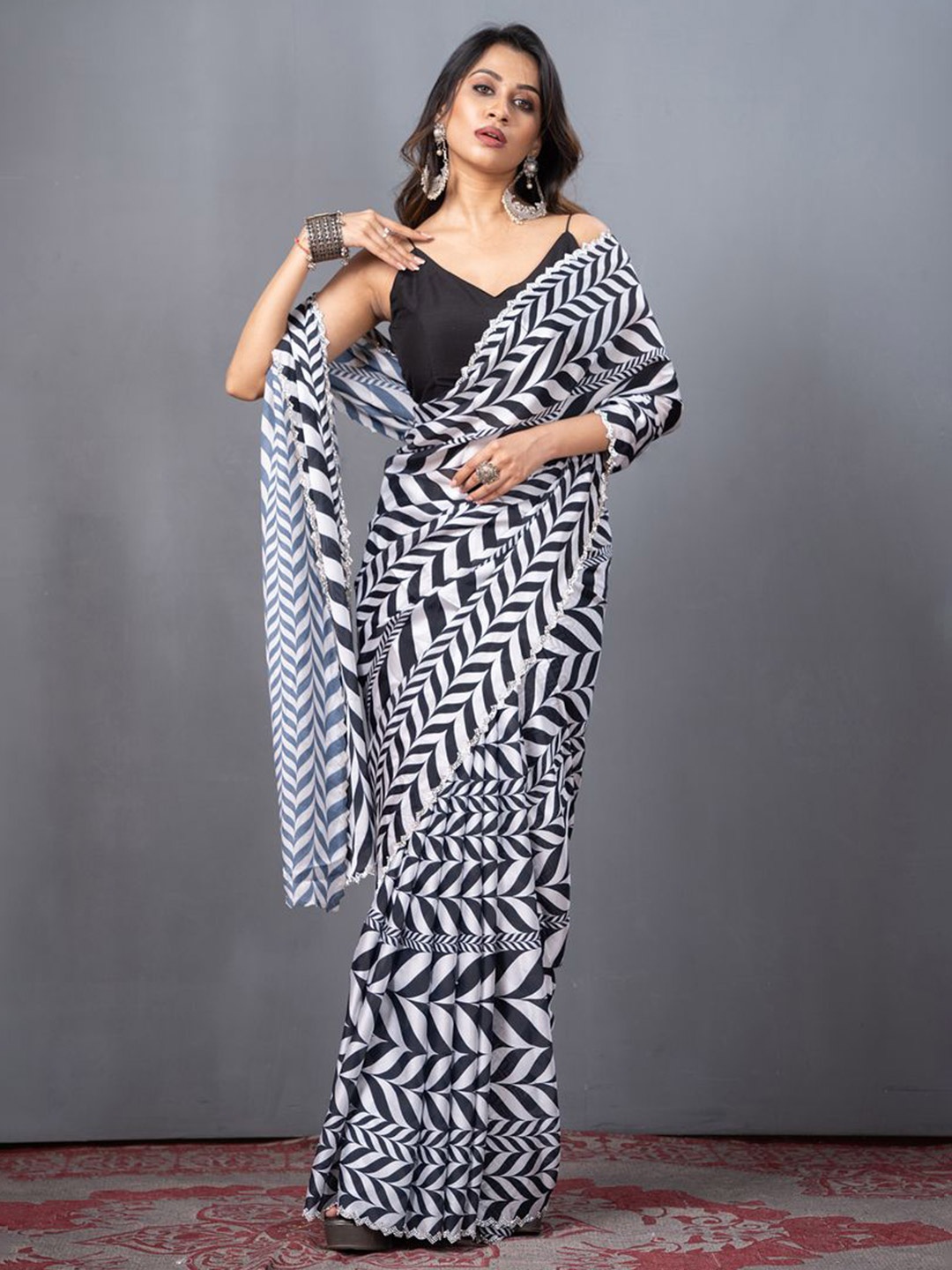 

KAJREE Beads and Stones Satin Block Print Saree, Black