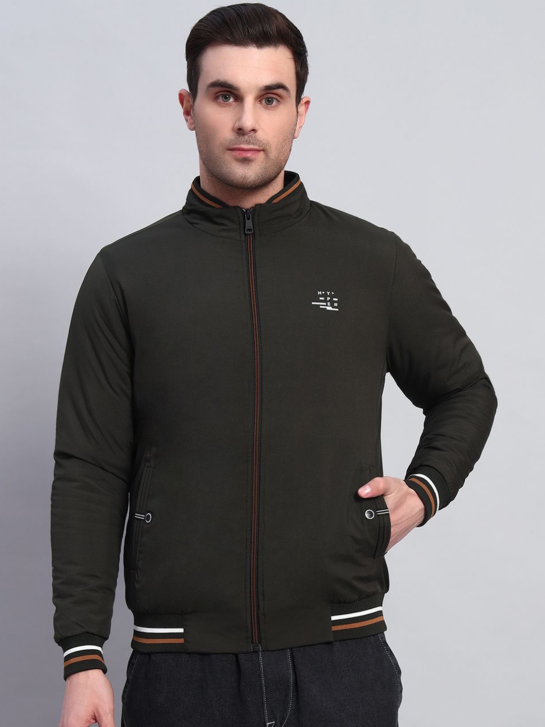 

AR-FIT Men Mock Collar Solid Casual Water Resistant Bomber Jacket, Olive