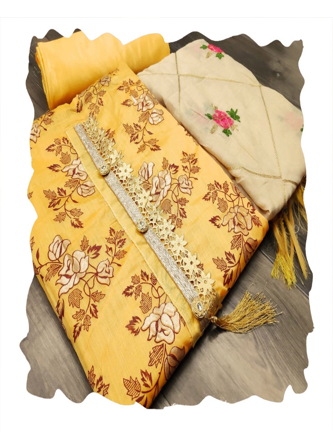 

HERE&NOW Floral Embroidered Silk Blend Unstitched Dress Material, Yellow