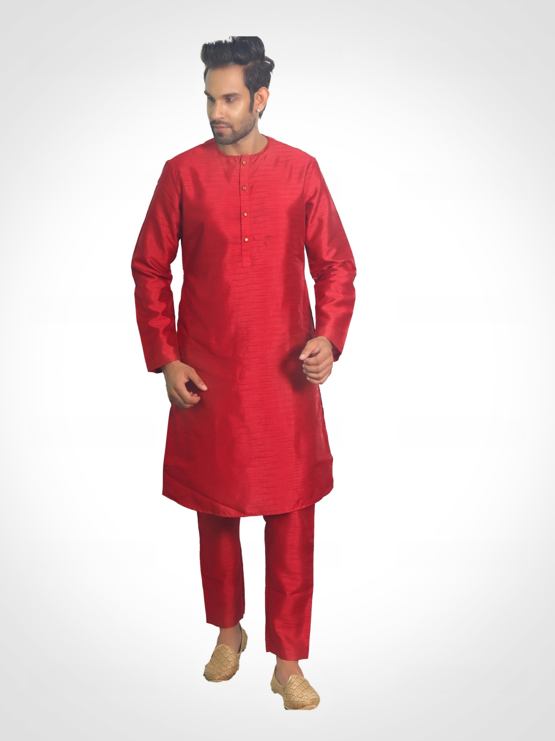 

House of Aqss Round Neck Dupion Silk Straight Kurta With Pyjamas, Red