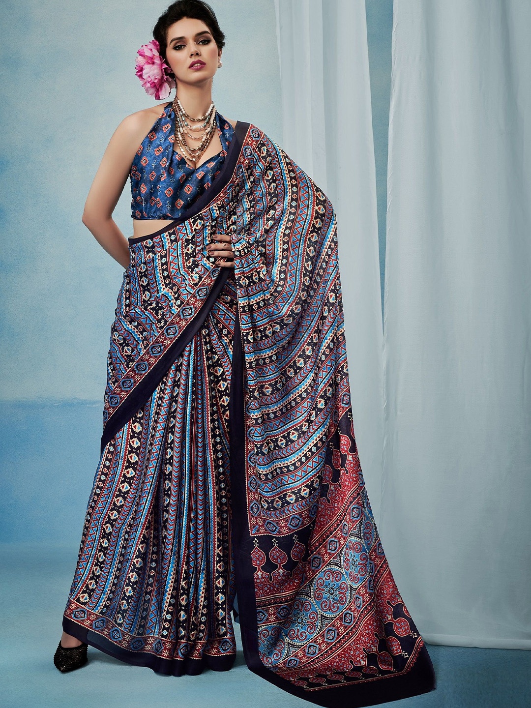 

MAHALASA Ethnic Motifs Satin Saree, Blue