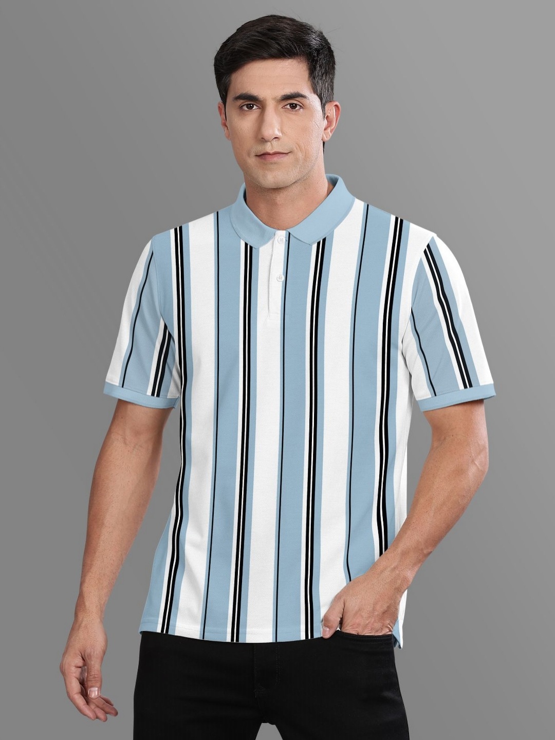 

BULLMER Men Striped Polo Collar Cotton T-shirt, Blue