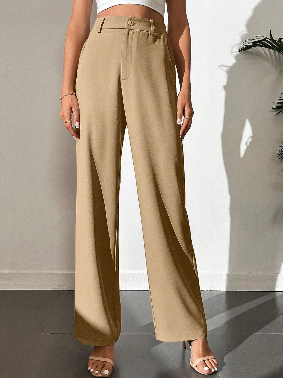 

FNOCKS Women Organic Cotton Relaxed Loose Fit High-Rise Formal Trousers, Beige