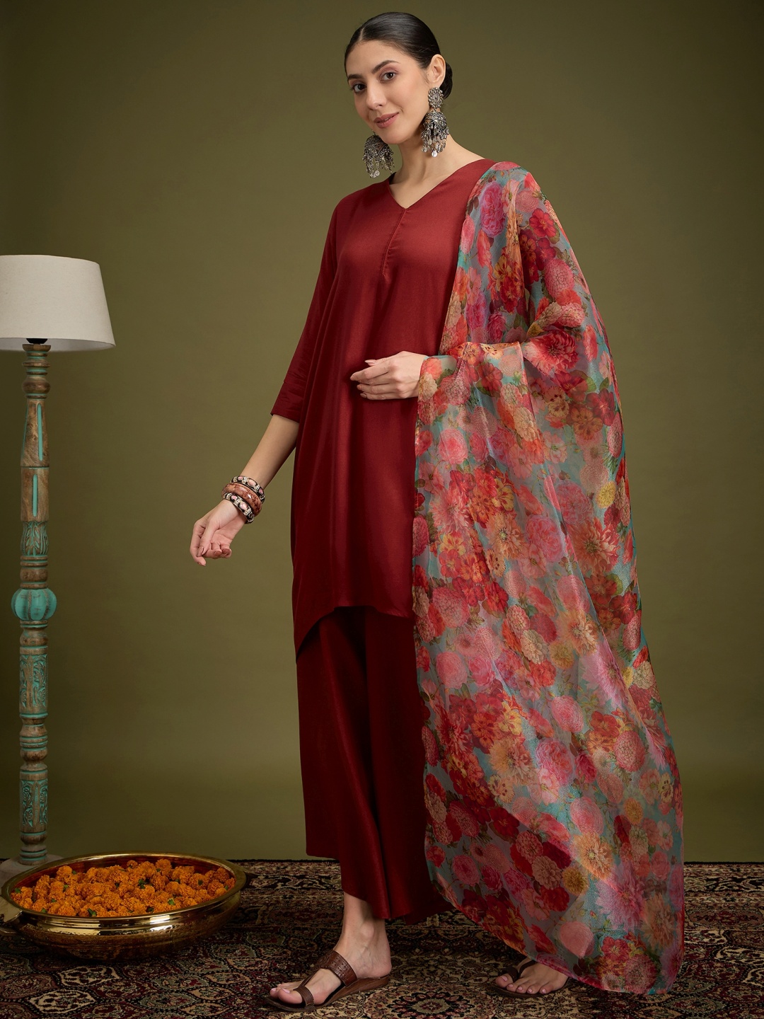 

InWeave V-Neck A-Line Kurta With Palazzos And Dupatta, Maroon