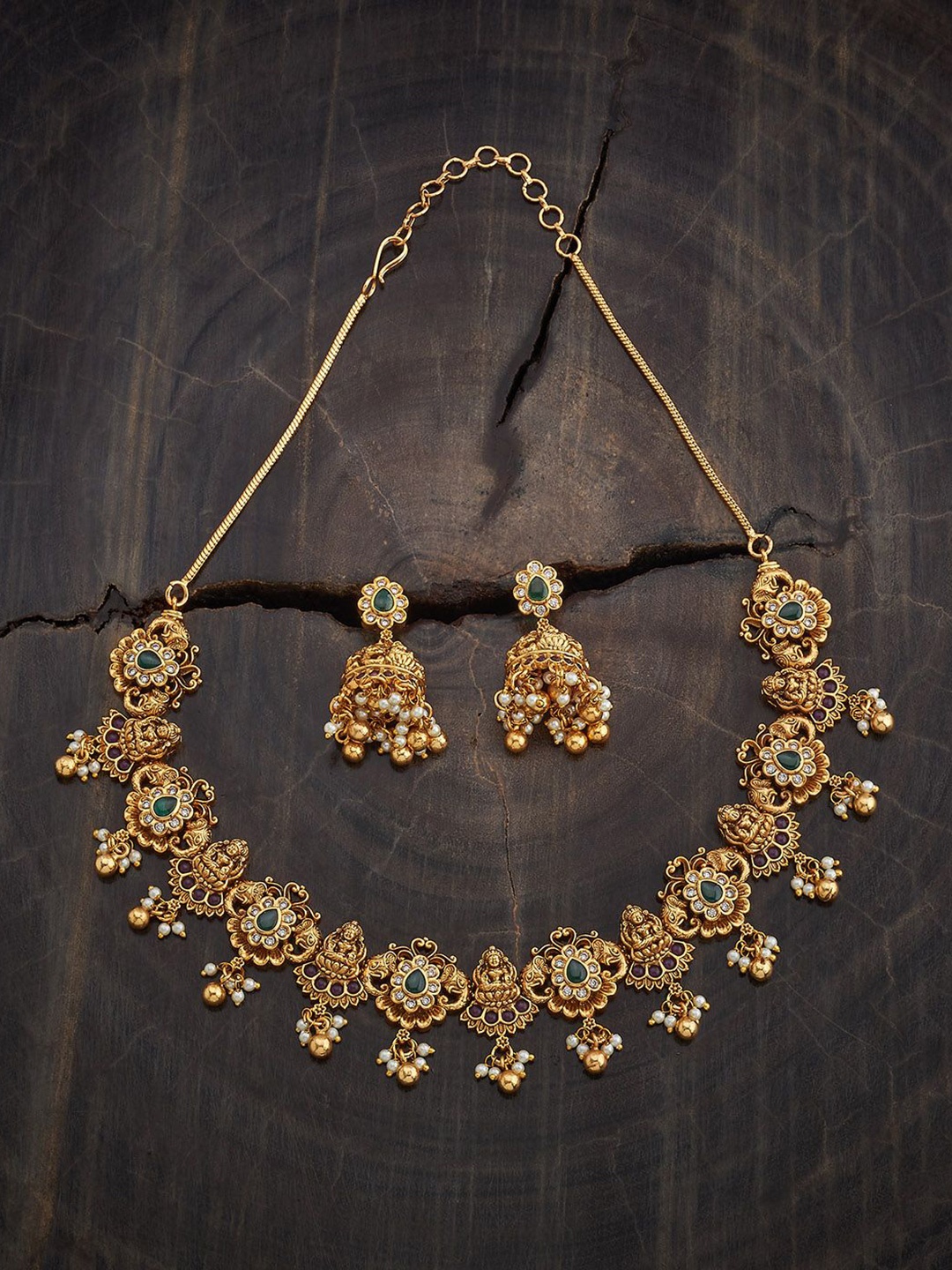 

Kushal's Fashion Jewellery Gold-Plated Ruby Stone-Studded Antique Jewellery Set