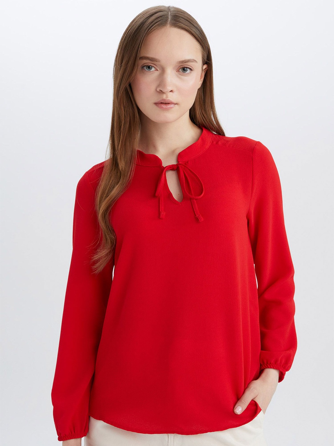 

DeFacto Women Tie-Up Neck Puff Sleeves Top, Red