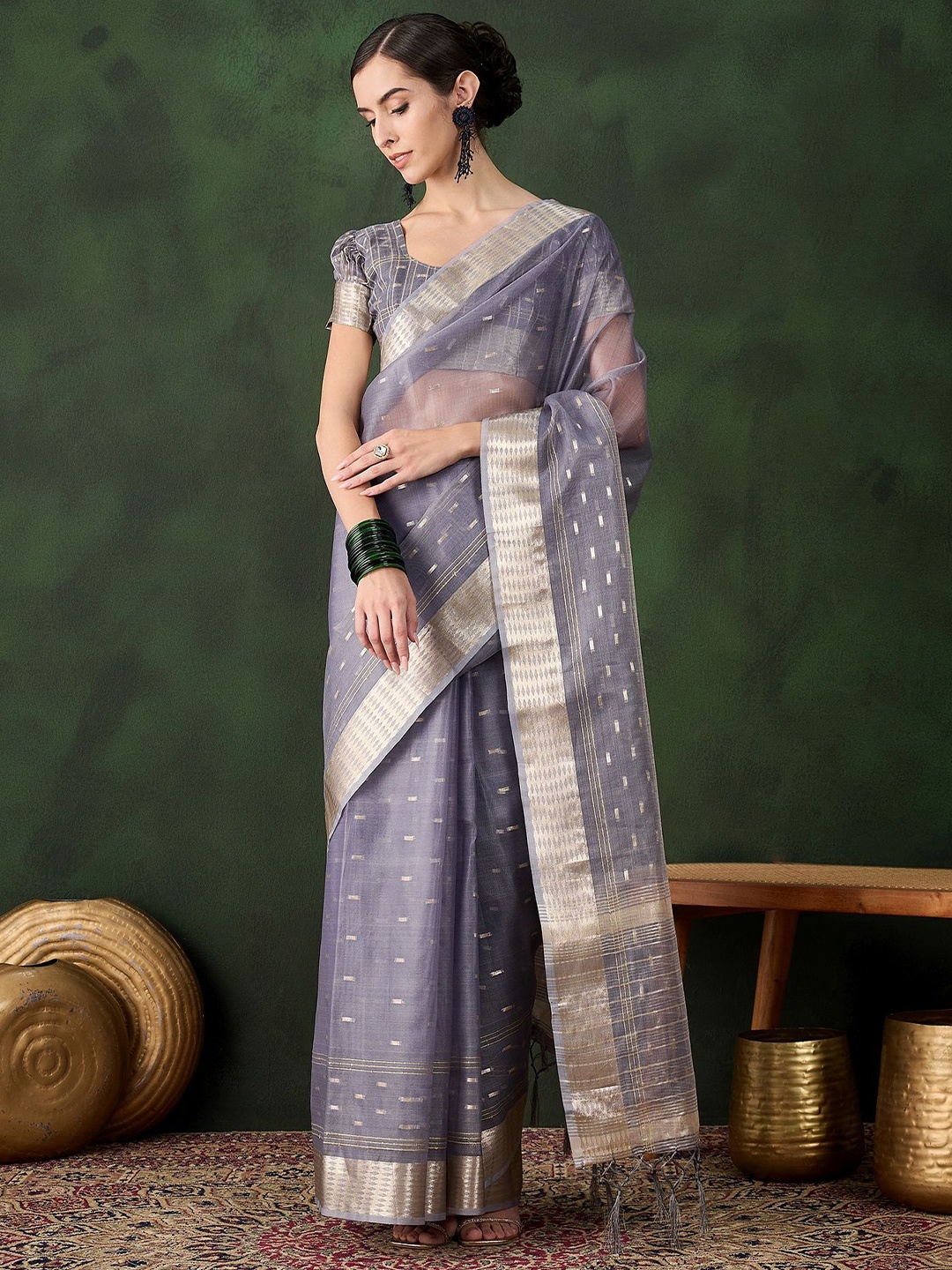 

HERE&NOW Ethnic Motifs Zari Organza Saree, Grey
