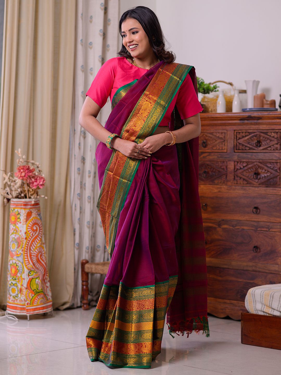 

Weaves of Tradition Pure Cotton Narayan Peth Saree, Maroon