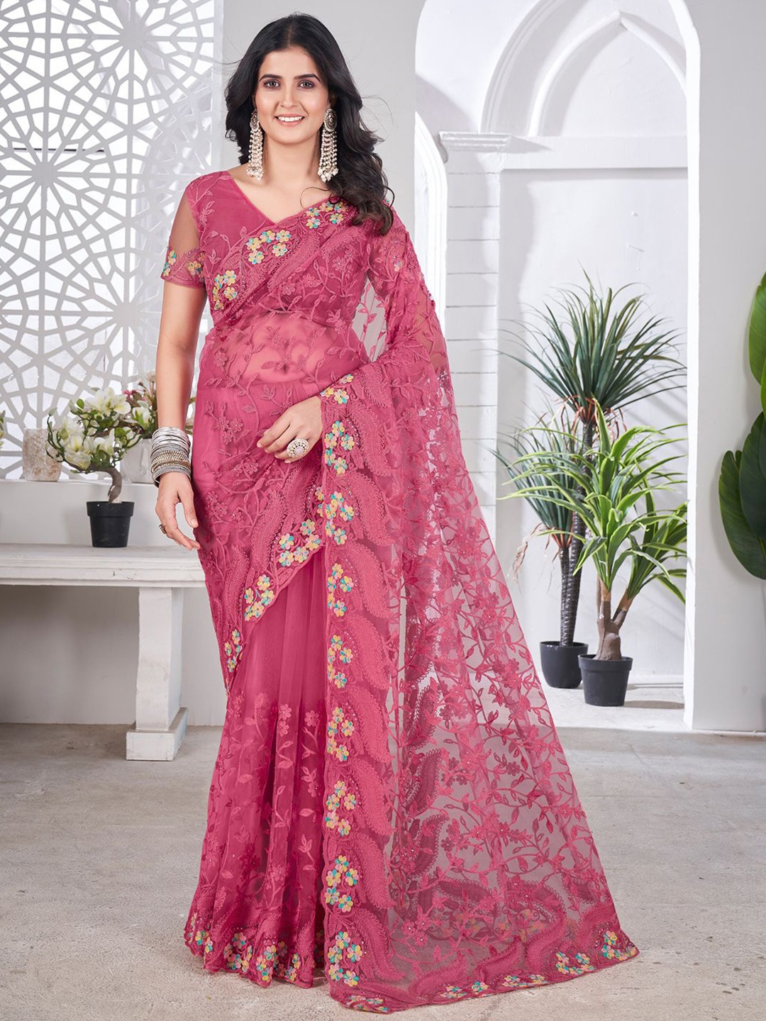 

Anouk Floral Embroidered Beads and Stones Saree, Pink