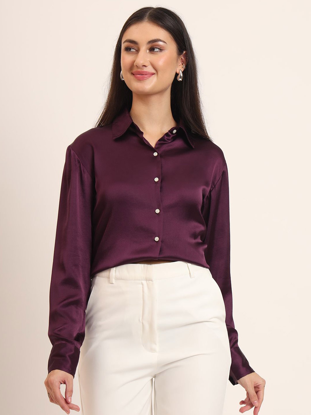 

AMSWAN Women Comfort Regular Fit Spread Collar Solid Satin Casual Shirt, Purple