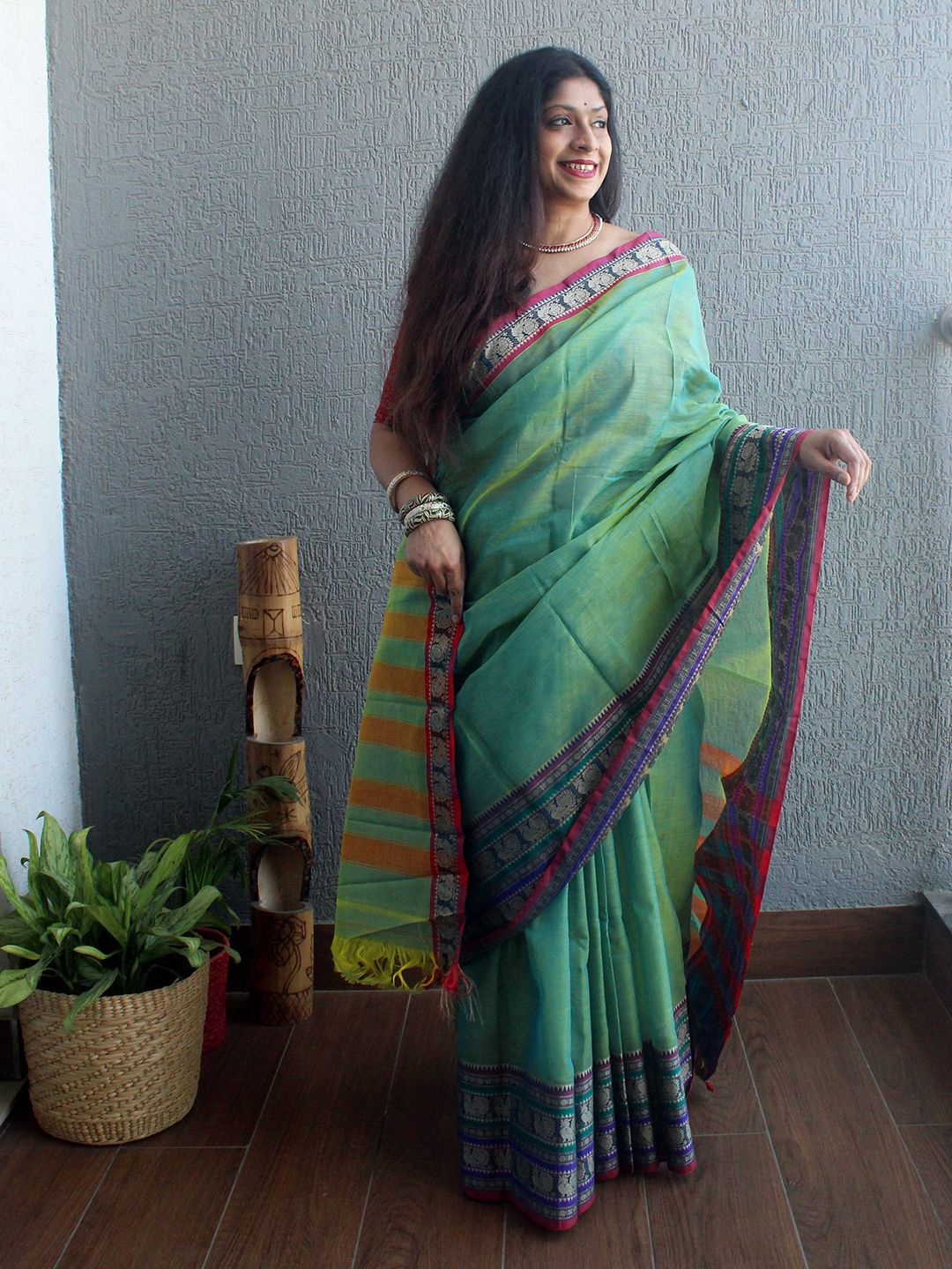 

Weaves of Tradition Pure Cotton Narayan Peth Saree, Sea green
