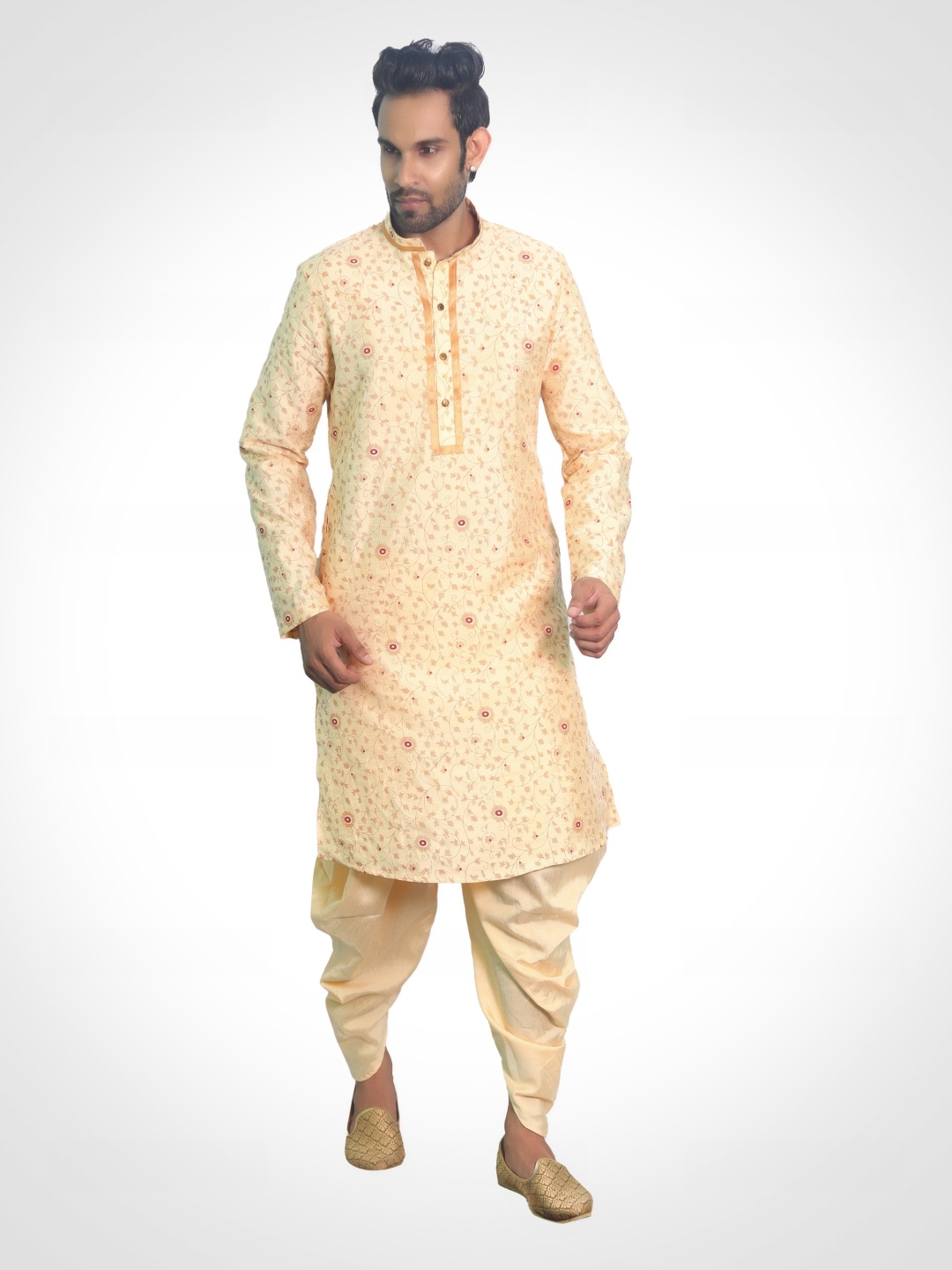 

House of Aqss Floral Printed Mandarin Collar Kurta With Dhoti Pants, Beige