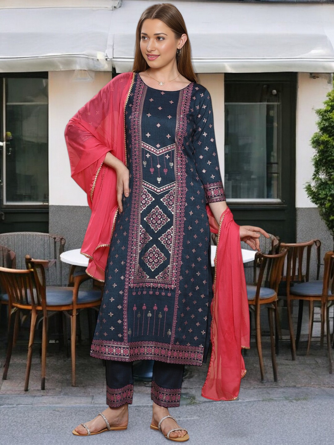 

True Shape Ethnic Motifs Printed Round Neck Cotton Straight Kurta With Trouser & Dupatta, Navy blue