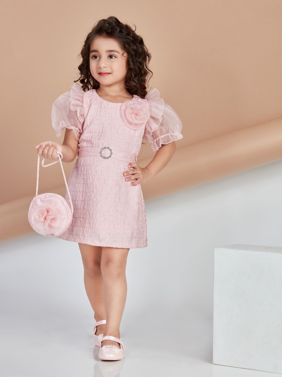 

Peppermint Girls Round Neck Puff Sleeves A-Line Dress, Pink