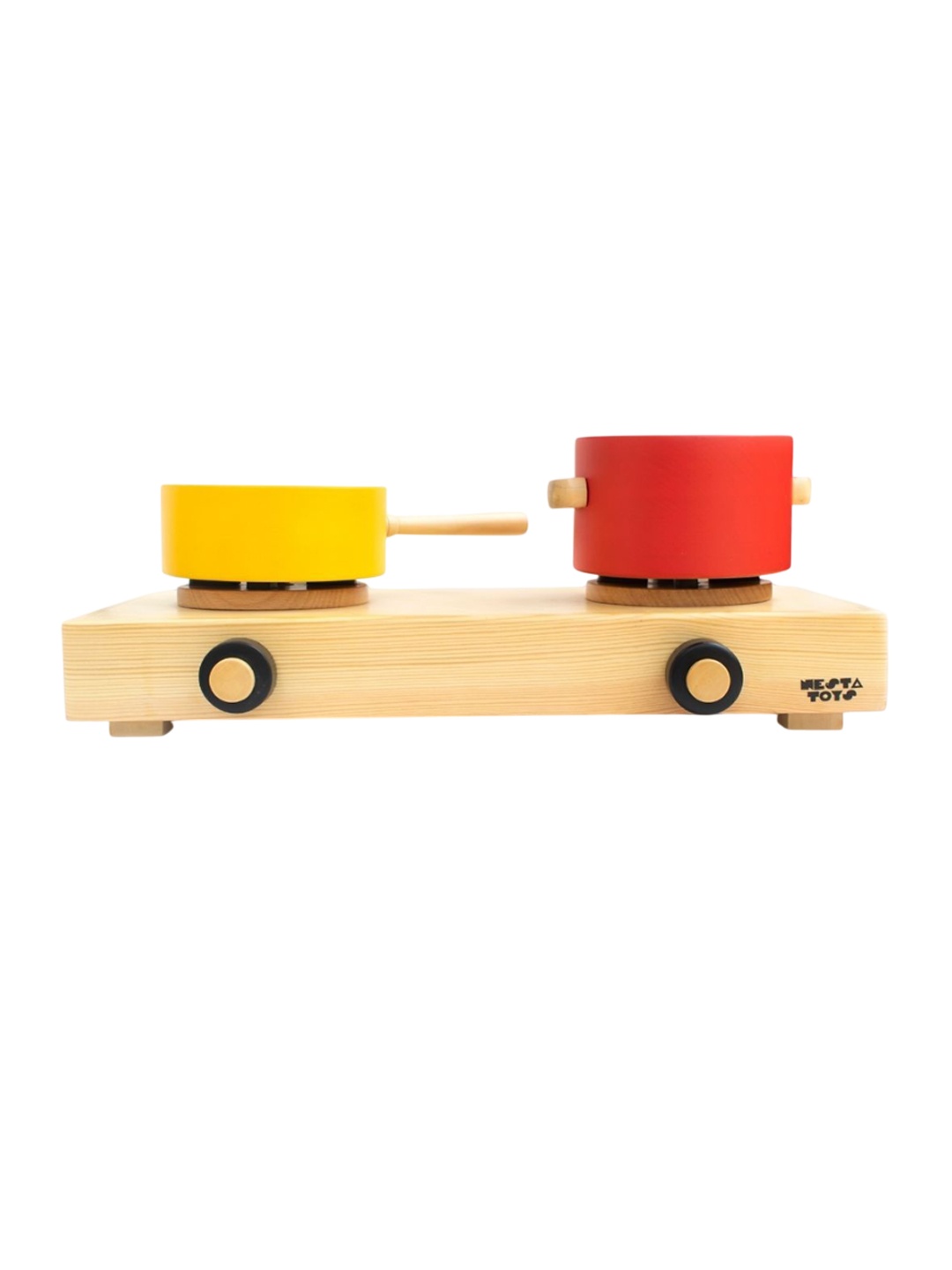 

Nesta Toys Wooden 10 Pcs Gas Stove Pot and Pan Pretend Play Kitchen Set, Yellow