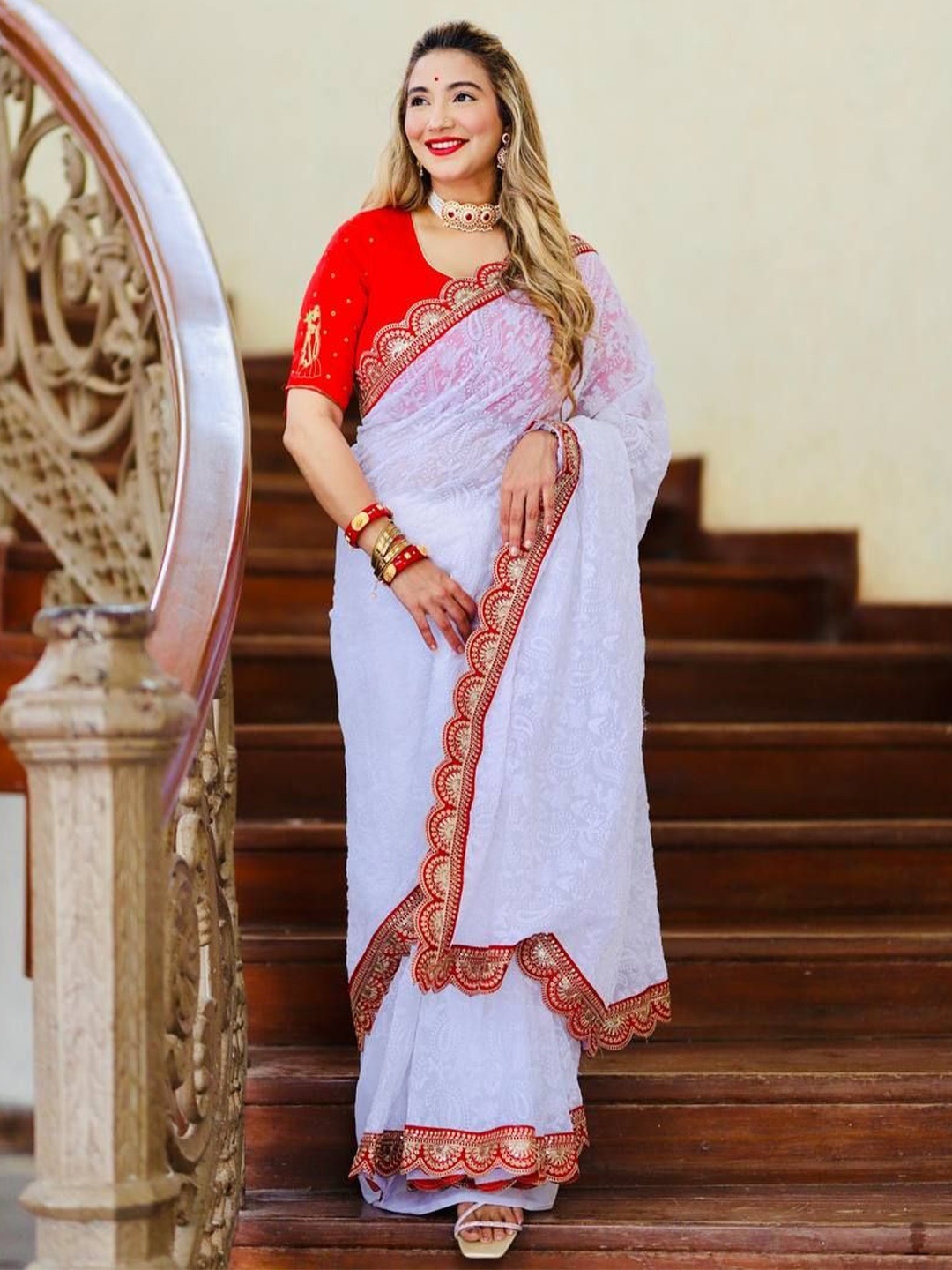 

Moda Rapido Kalamkari Embroidered Pure Georgette Saree, White