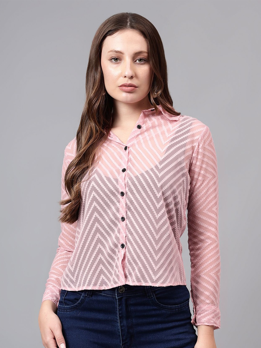 

BAESD Women Classic Fit Spread Collar Textured Casual Shirt, Pink