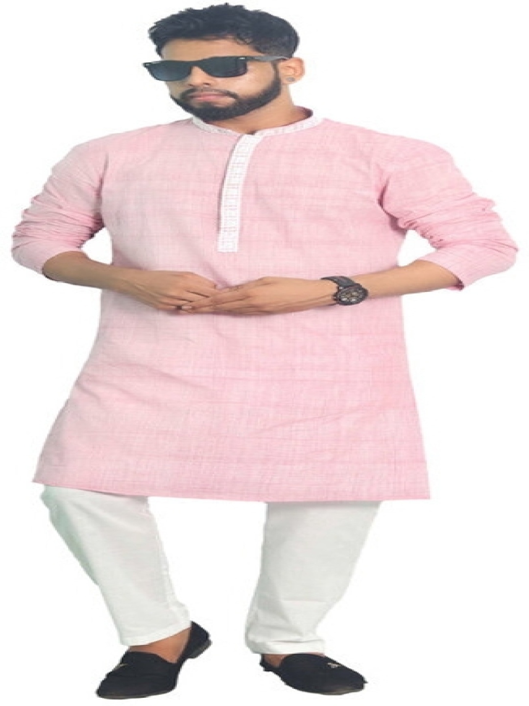 

House of Aqss Mandarin Collar Thread Work Pure Cotton Kurta with Pyjama, Pink