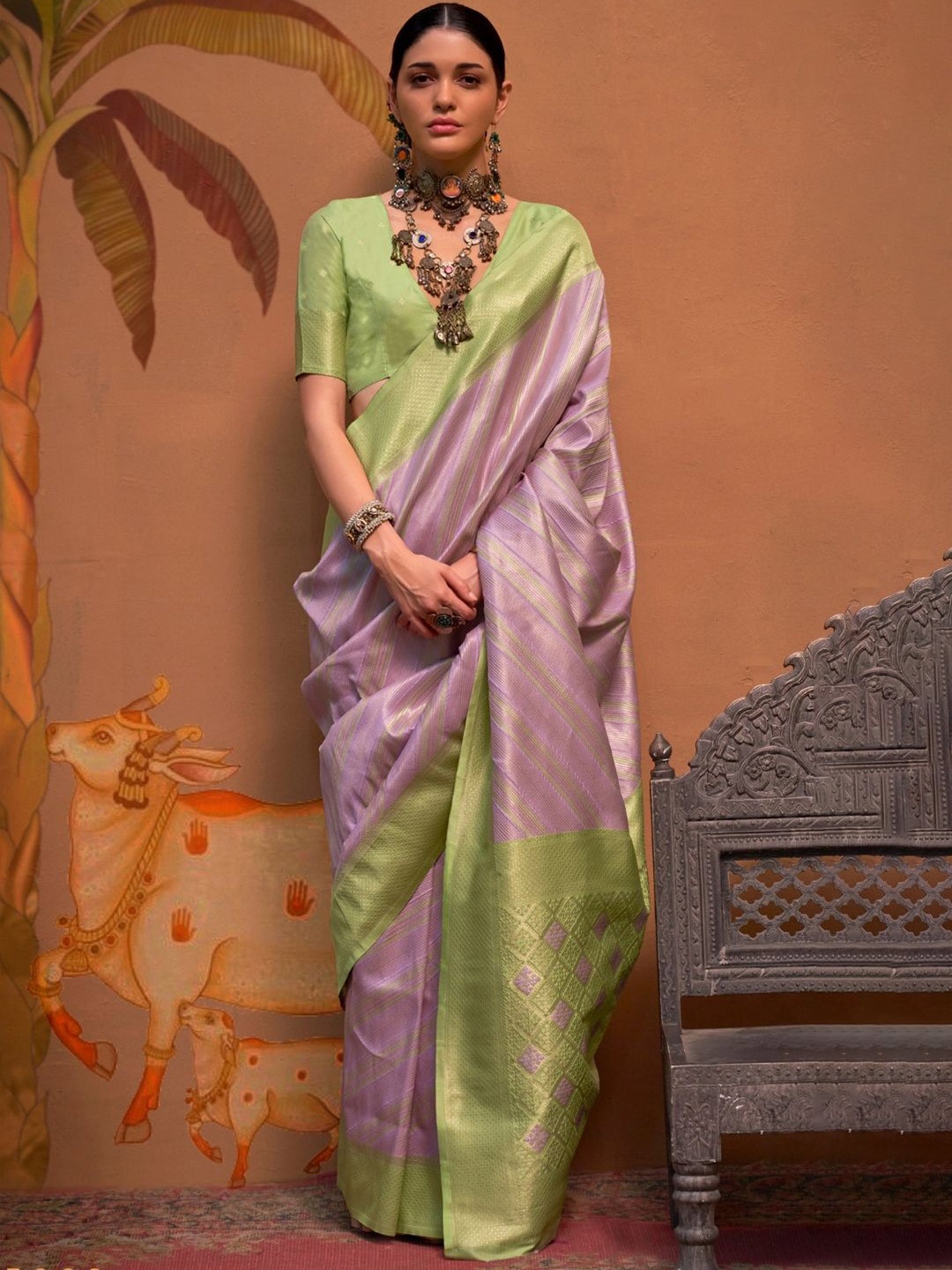 

BLENDIFY Striped Zari Banarasi Saree, Purple