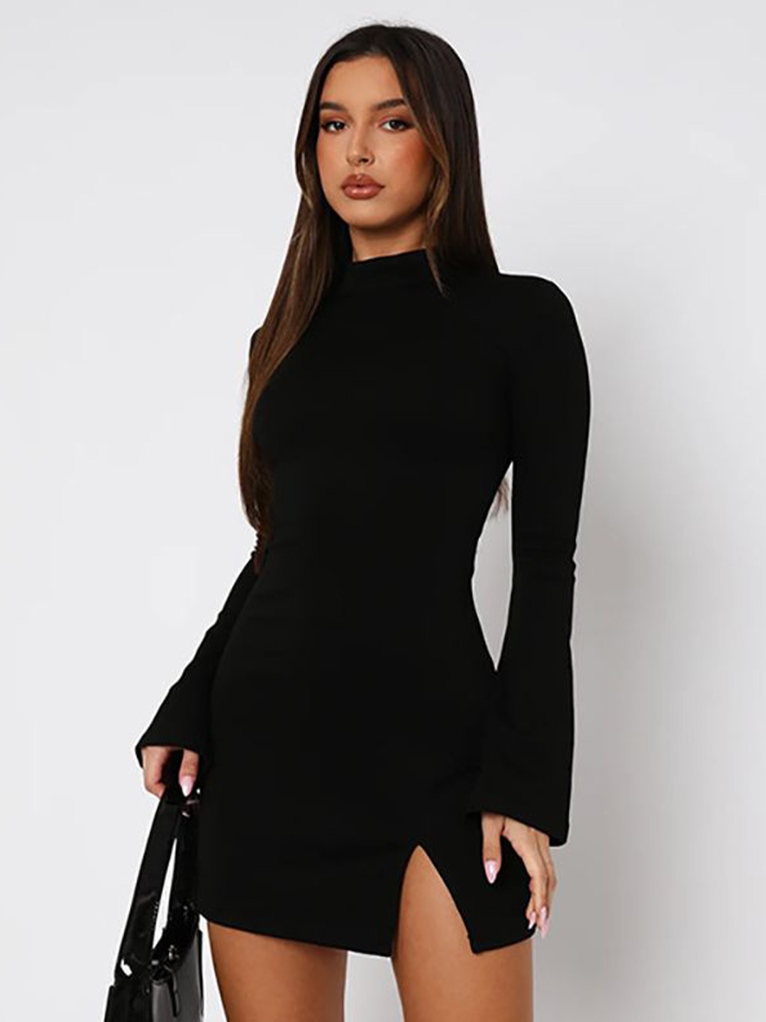 

StyleCast x Revolte High Neck Flared Sleeves Sheath Mini Dress, Black