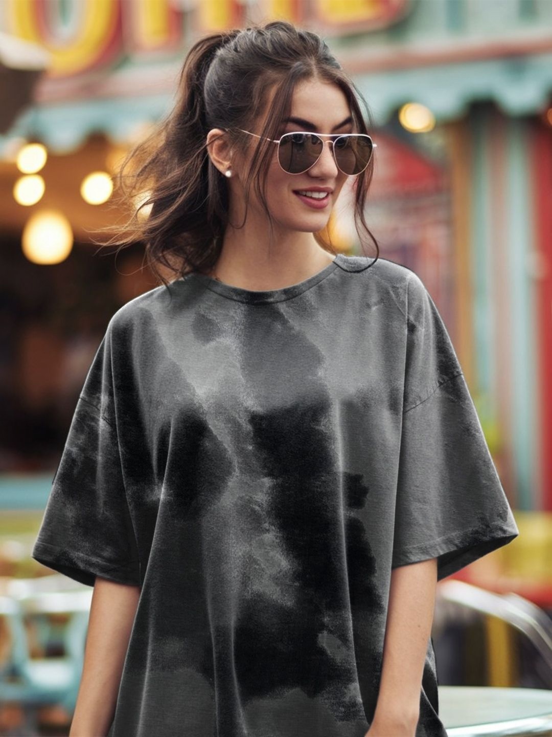 

Leotude Women Dyed Round Neck Cotton Oversized T-shirt, Grey