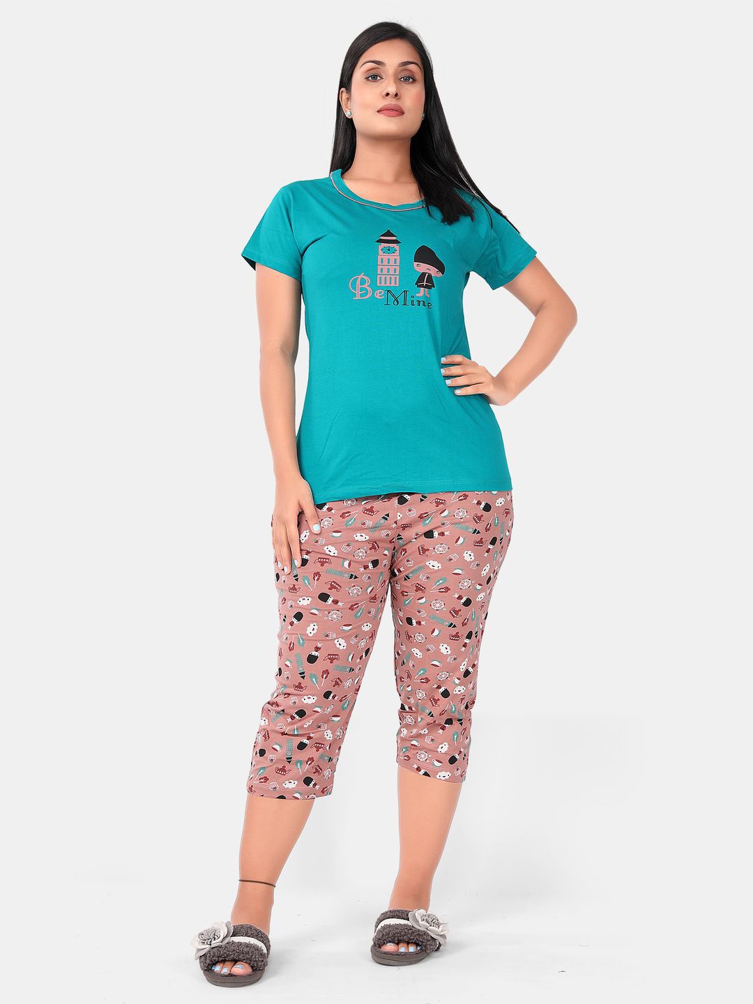 

SWEET MOON Typography Printed T-Shirt With Capri Night Suit, Blue