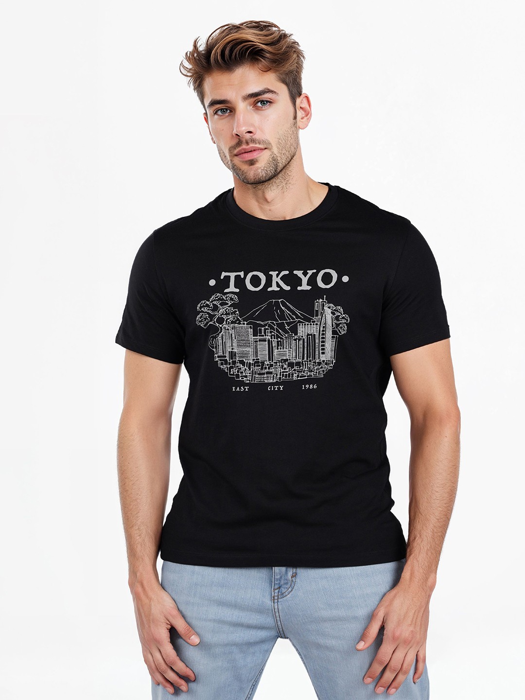 

Celio Men Graphic Printed Round Neck Cotton T-shirt, Black
