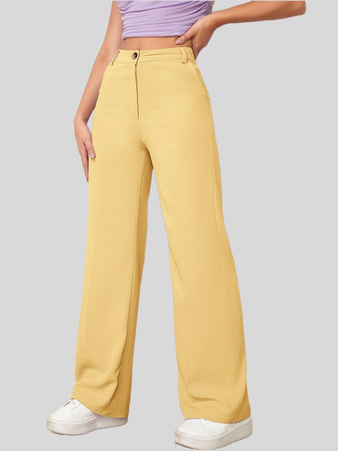 

FNOCKS Women Relaxed Flared High-Rise Cotton Trousers, Yellow