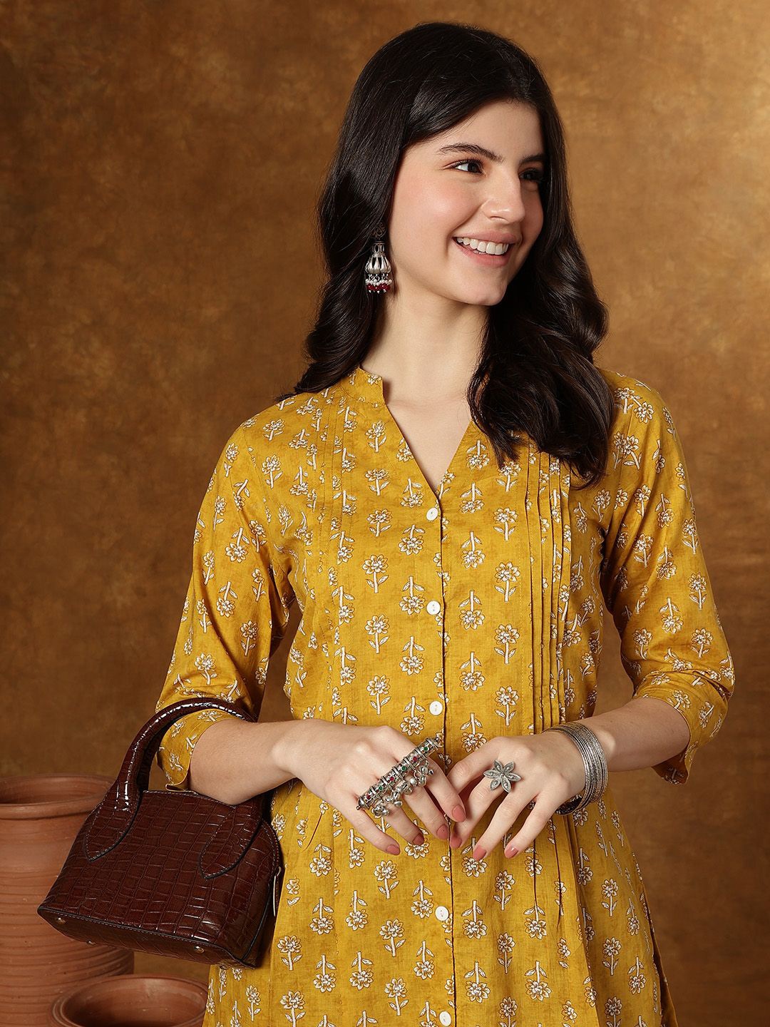 

KALINI Women Floral Printed Cotton Shirt Style Top, Mustard