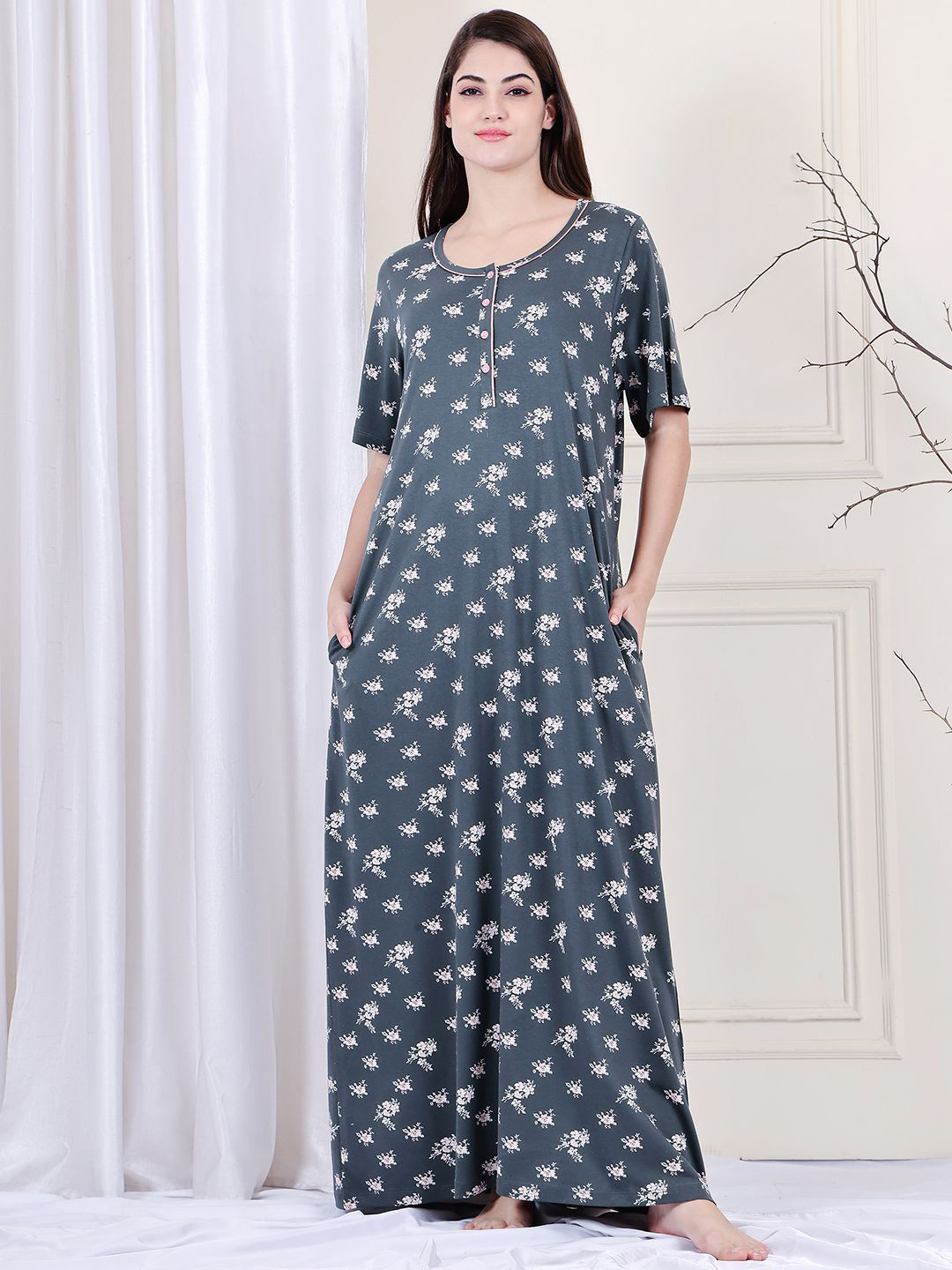 

Kanvin Women Mandarin Collar Pure Cotton Nightdress, Grey
