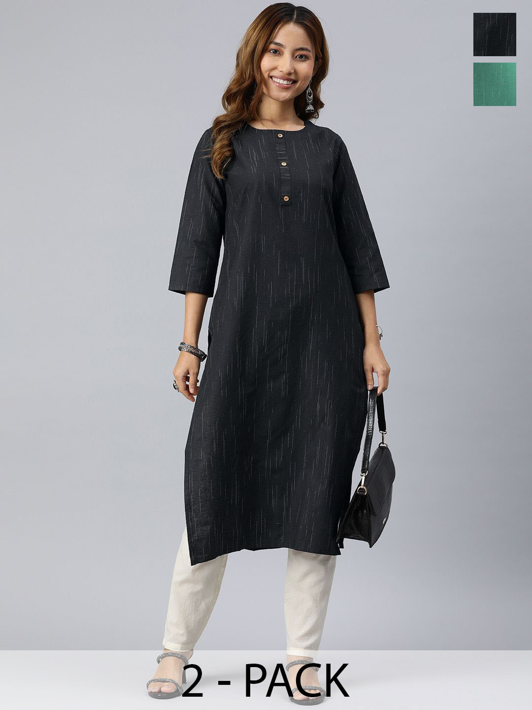 

KALINI Selection Of 2 Colourblocked Woven Round Neck Straight Kurtas, Black