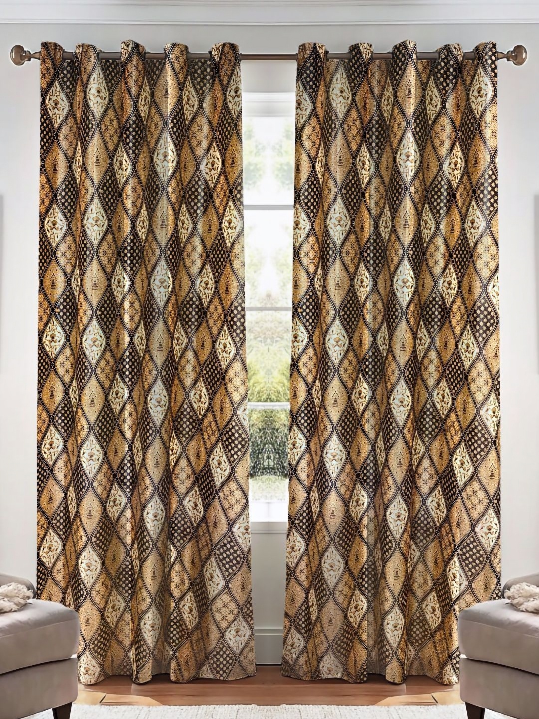 

Kanodia Poly Fab Brown And Black 2 Pieces Printed Premium Room Darkening Door Curtains