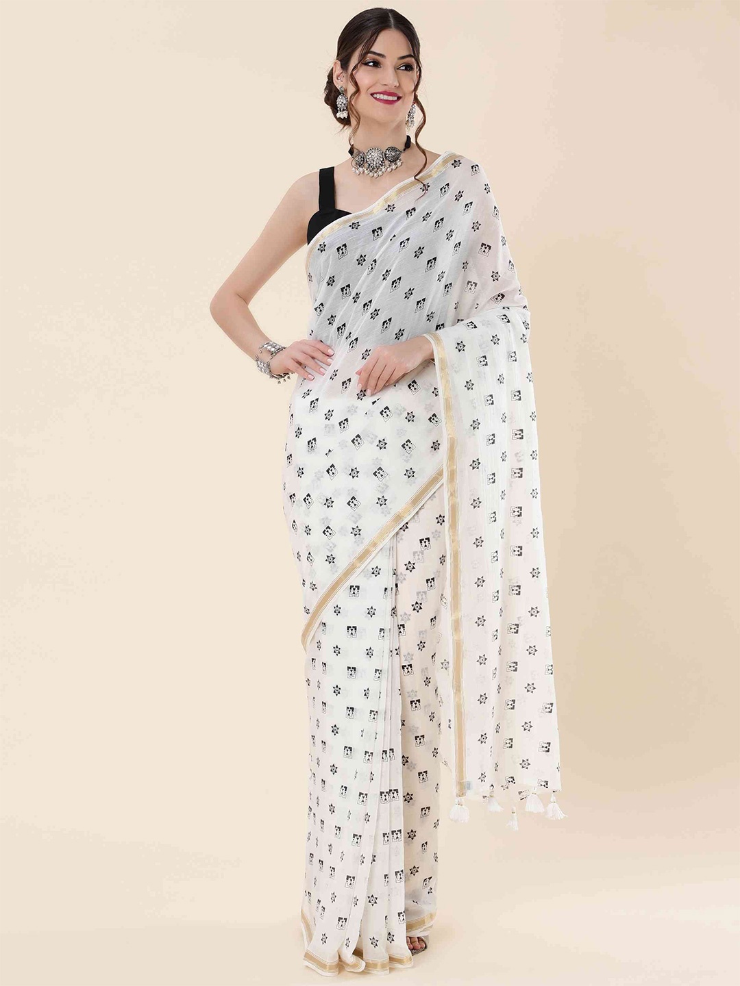 

PEENGAX Pure Georgette Chanderi Saree, White