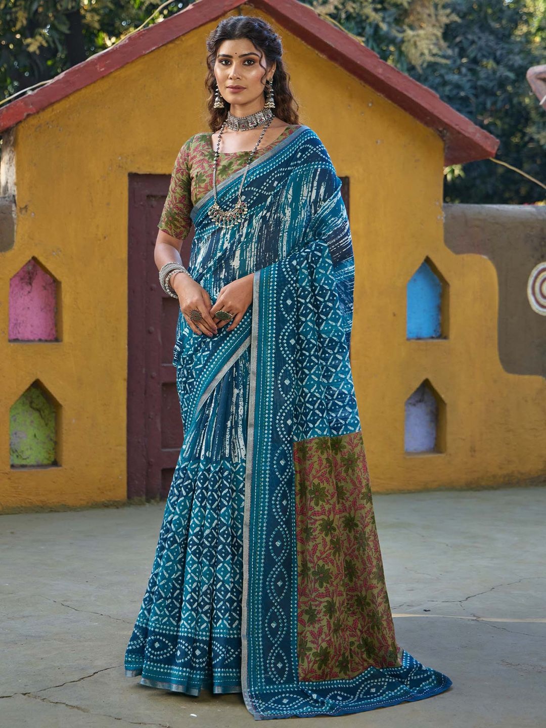 

KALINI Ethnic Motifs Printed Bandhani Saree, Teal