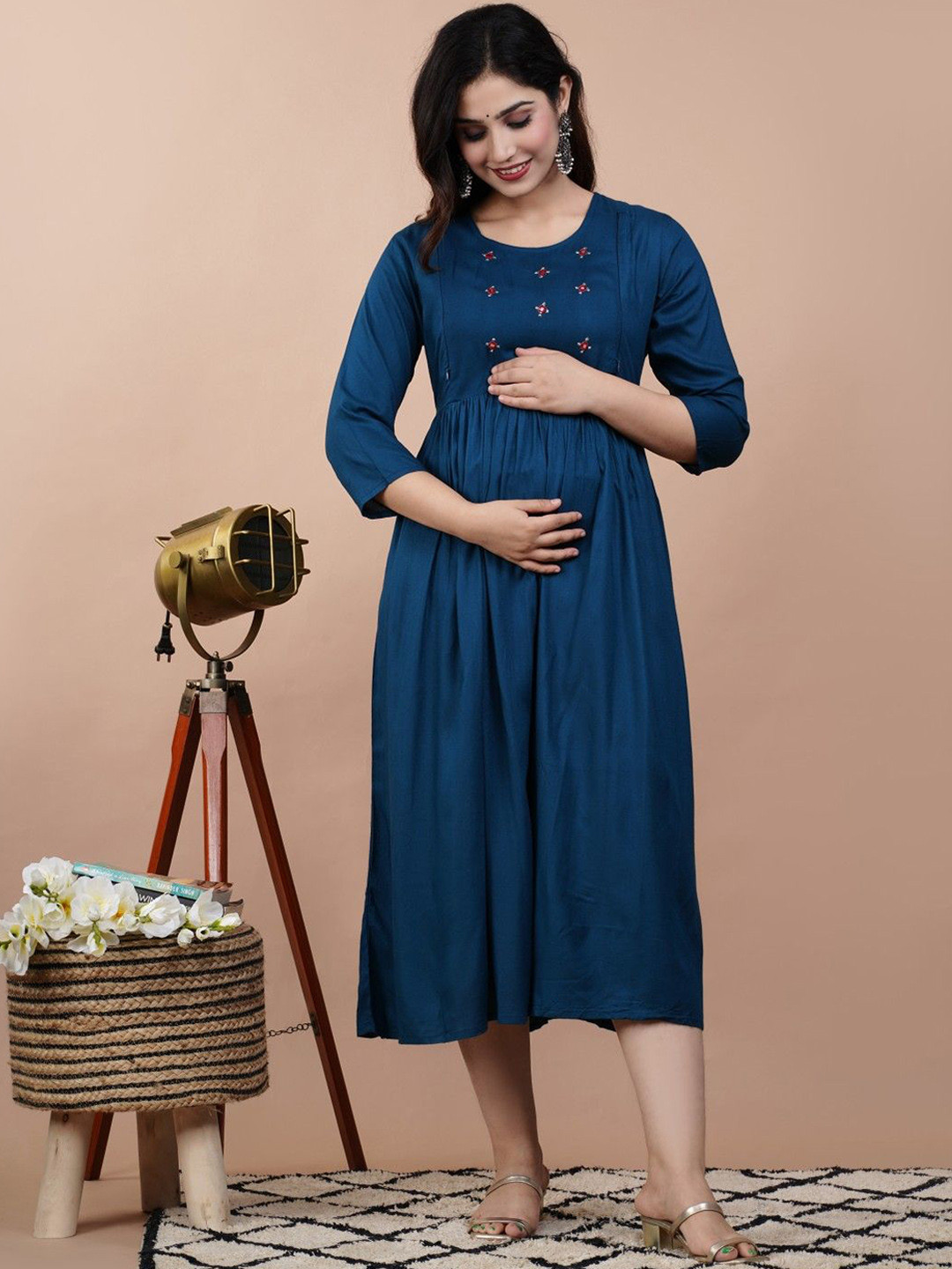 

clothonus Asha Floral Embroidered Round Neck Fit & Flare Maternity Ethnic Dress, Blue