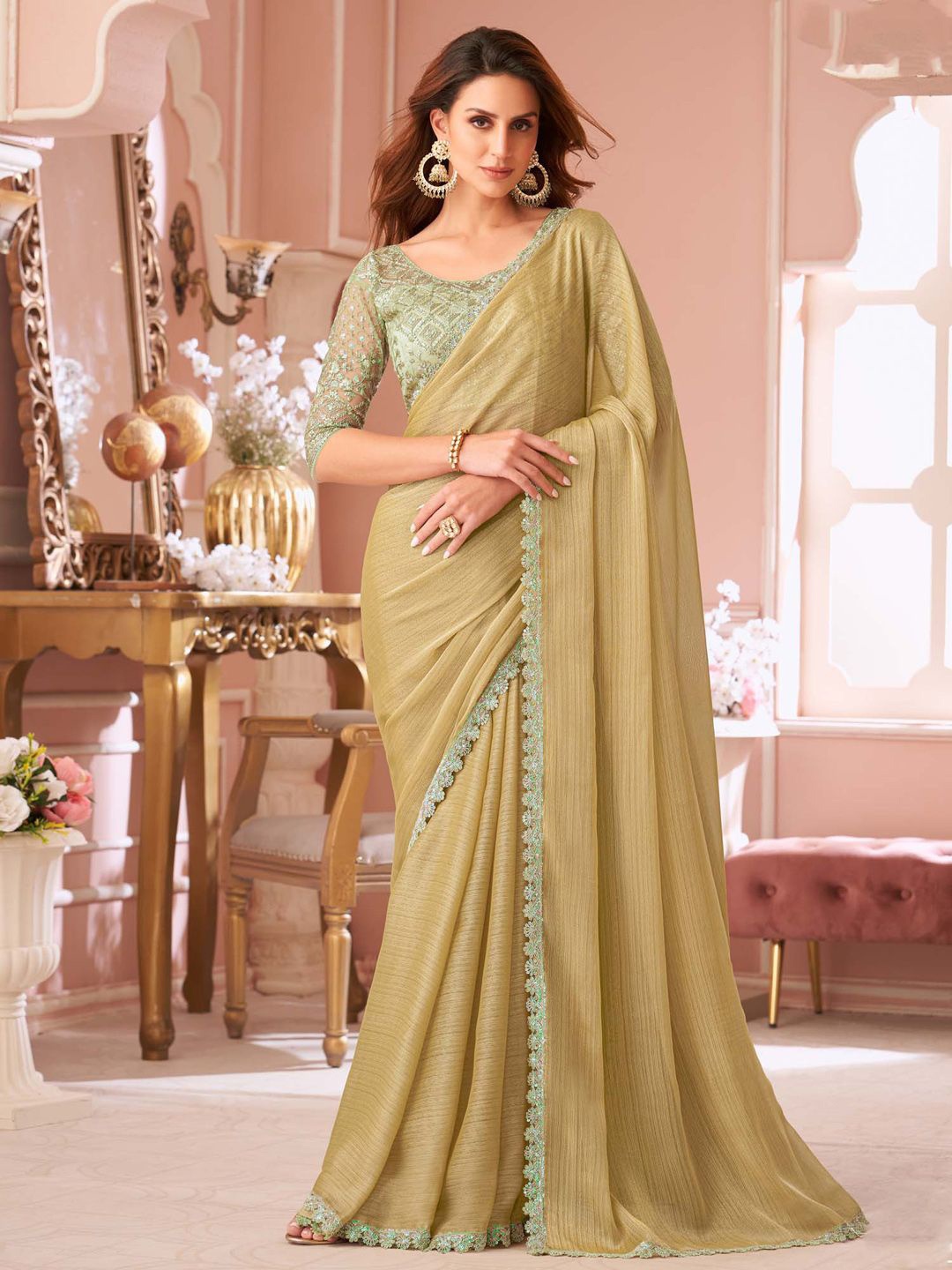 

Mitera Sequinned Pure Georgette Saree, Khaki