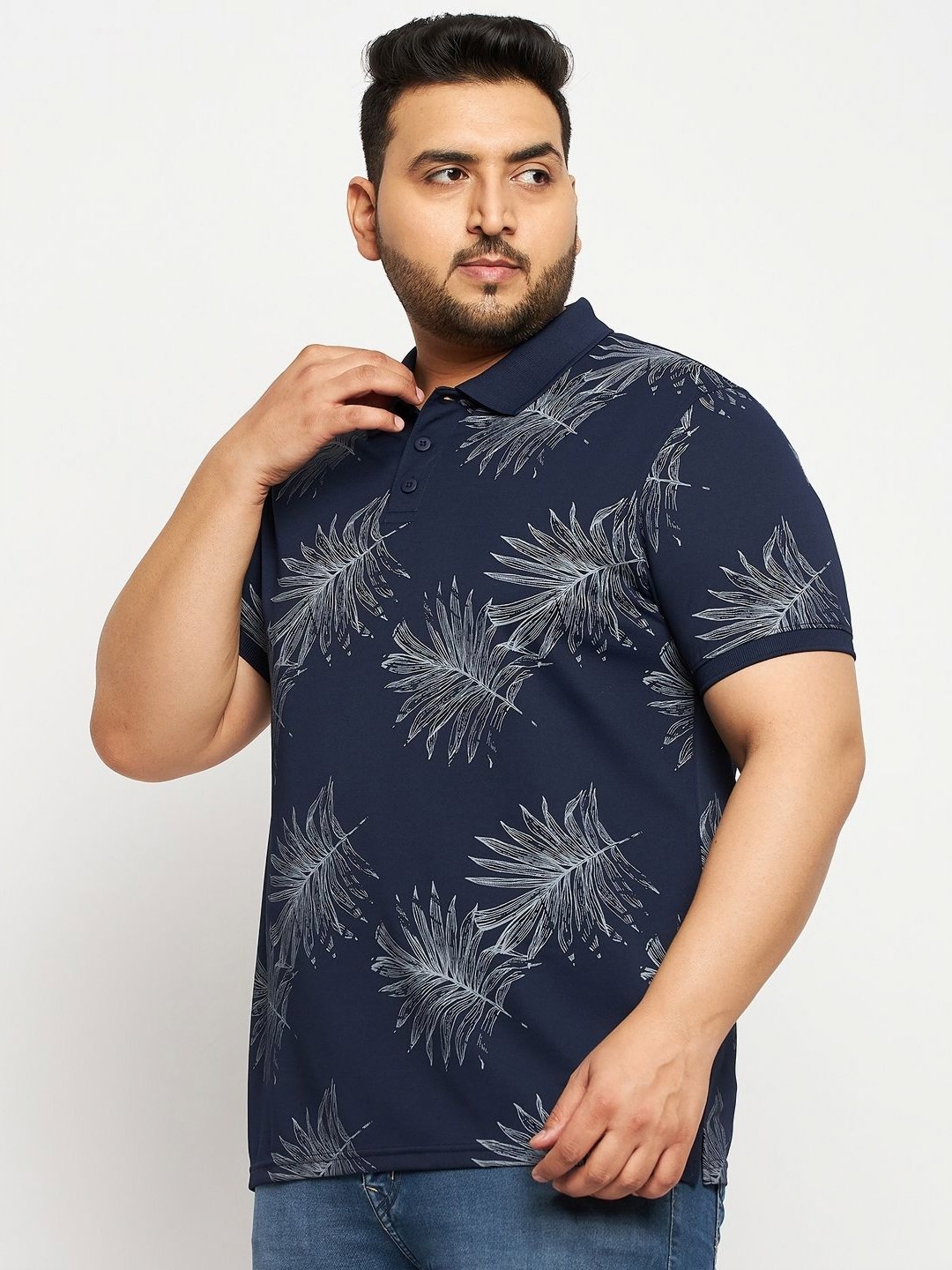 

AUXAMIS Men Printed Polo Collar Tropical Pockets T-shirt, Navy blue