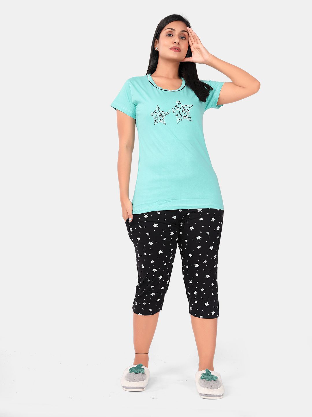 

SWEET MOON Graphic Printed Round Neck T-Shirt With Capris, Blue