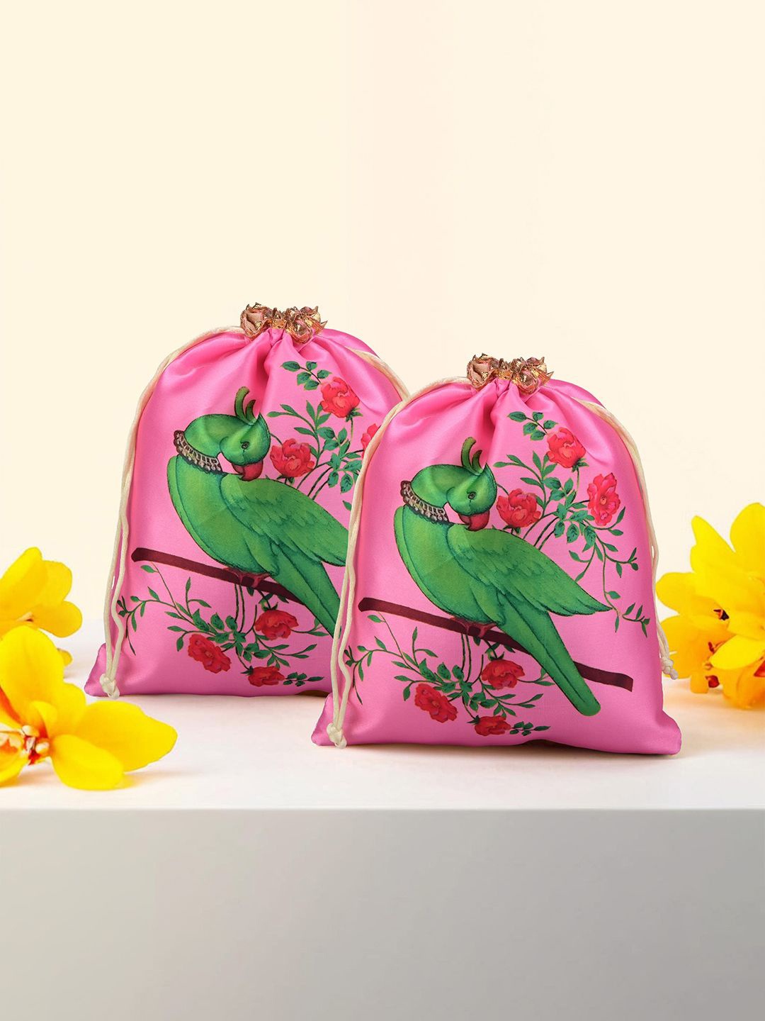 

Kuber Industries Unisex Set Of 2 Parrot Design Printed Potli Clutches, Pink