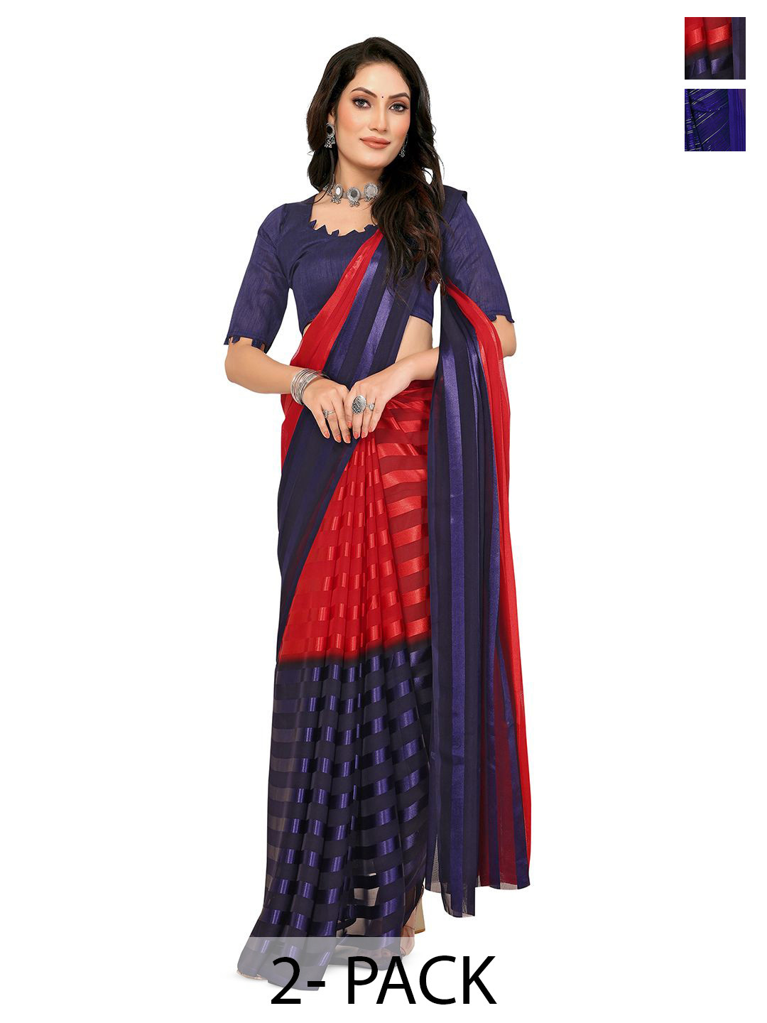

Moda Rapido Pack Of 2 Striped Satin Saree, Red