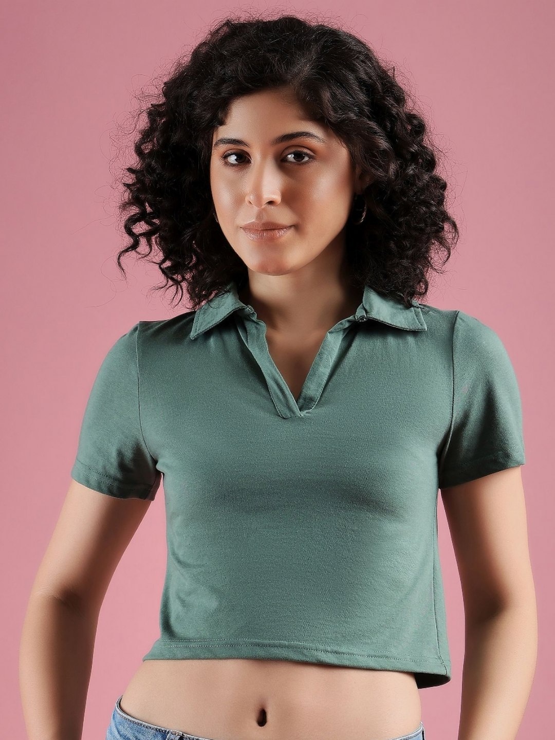 

DressBerry Women Solid Polo Collar Cotton Boxy T-shirt, Green