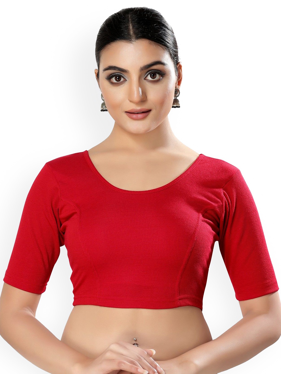 

Mmore Round Neck Stretchable Saree Blouse, Red