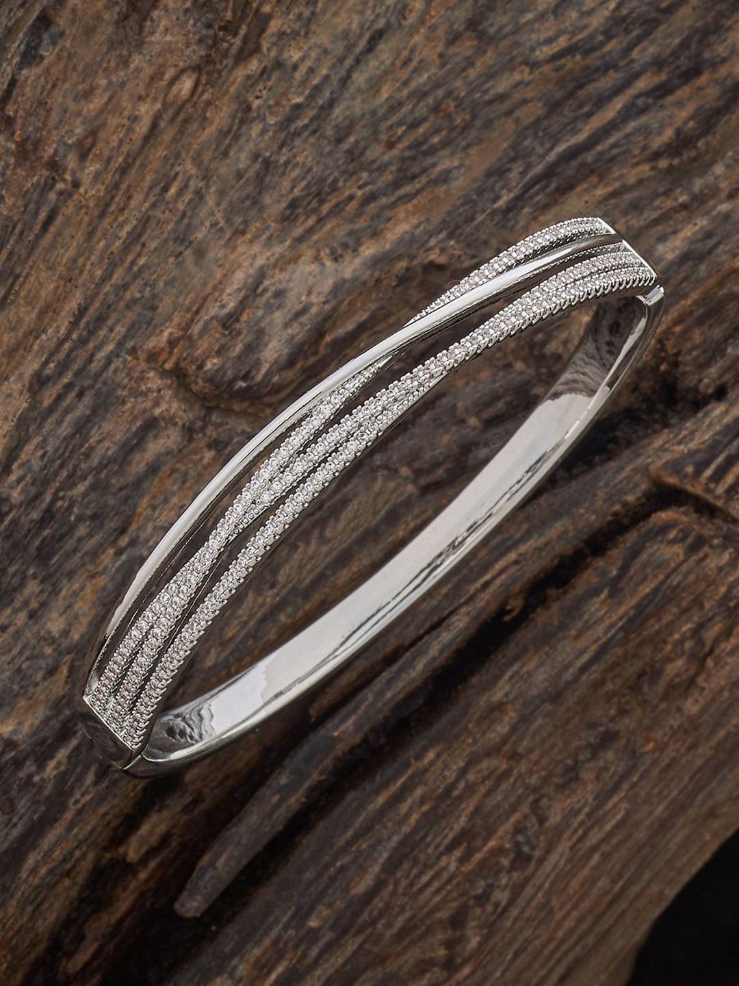

Kushal's Fashion Jewellery Rhodium-Plated Zircon-Studded Bangle, Silver
