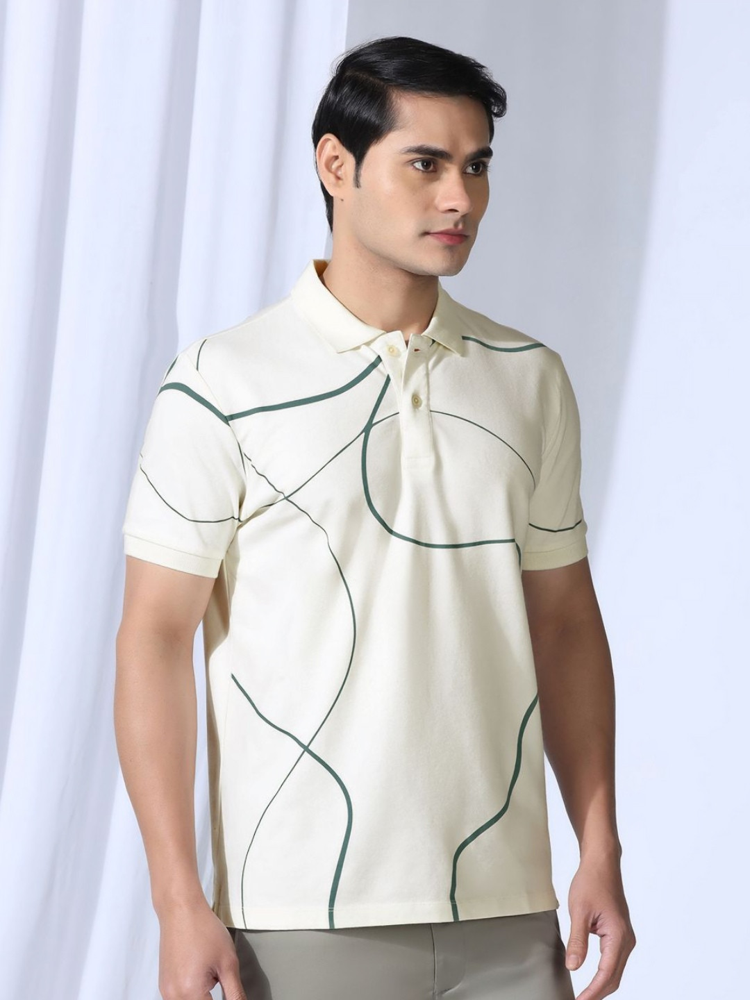 

Blackberrys Men Abstract Printed Polo Collar Cotton Slim Fit T-shirt, Off white