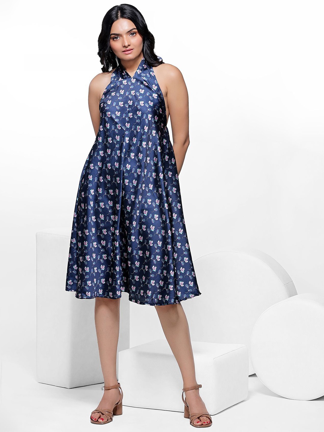 

aaRVee STUDIO Floral Printed Halter Neck Crepe Backless A-Line Dress, Navy blue
