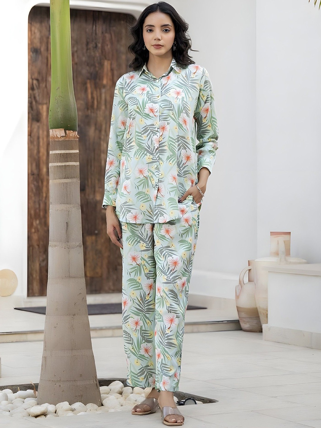 

Acriine Floral Printed Pure Cotton Shirt With Palazzo, Blue