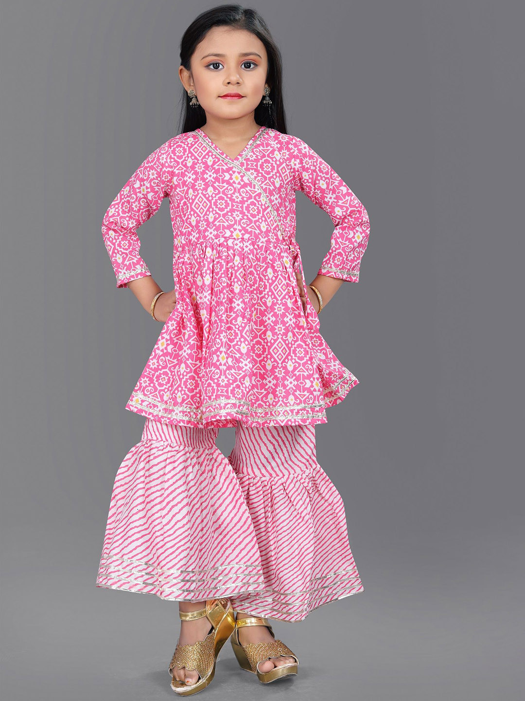 

Aarya Designer Girls Floral Printed V-Neck Angrakha Gotta Patti Kurta With Sharara, Pink