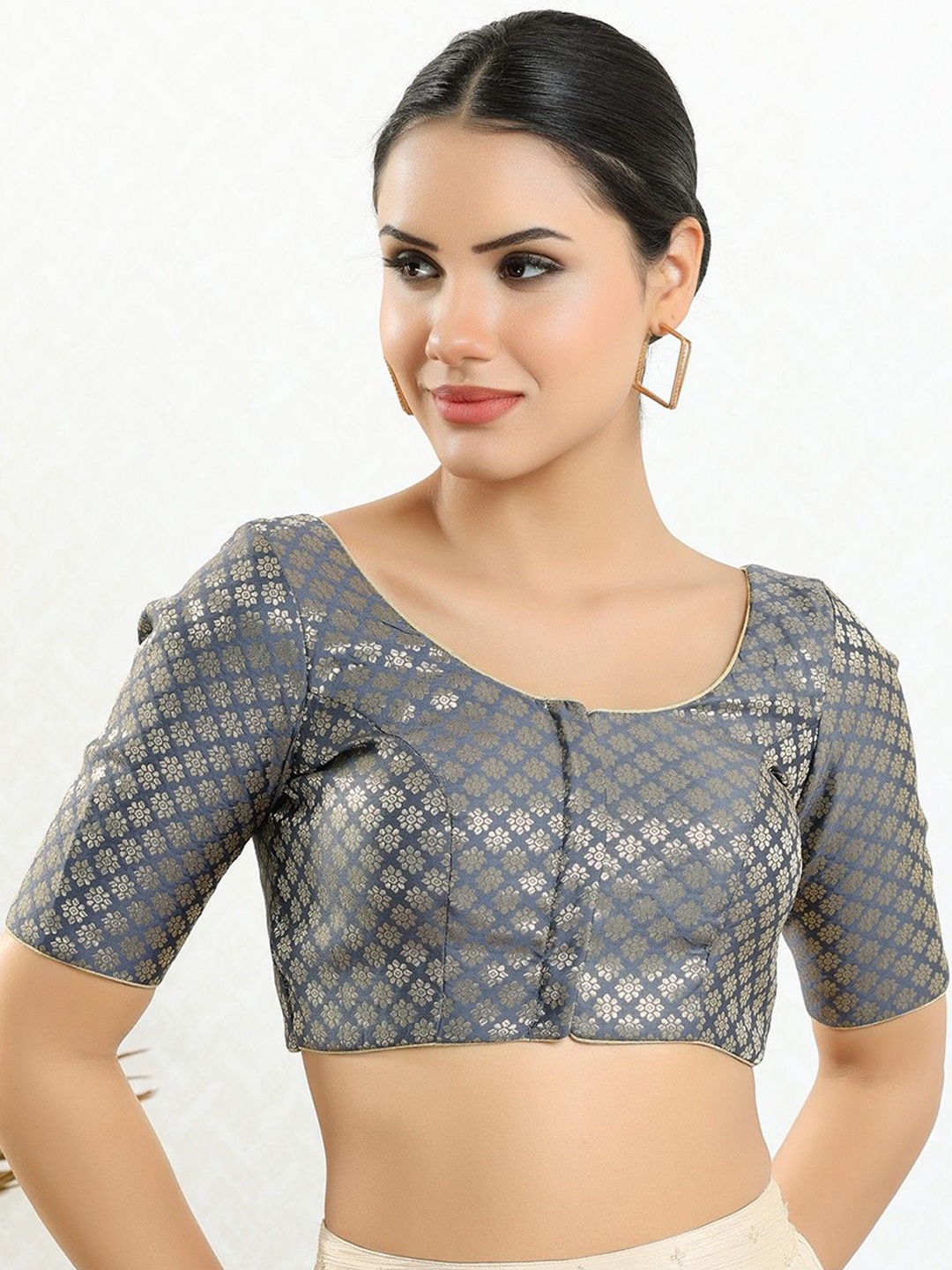 

Mmore Floral Woven Design Saree Blouse, Grey